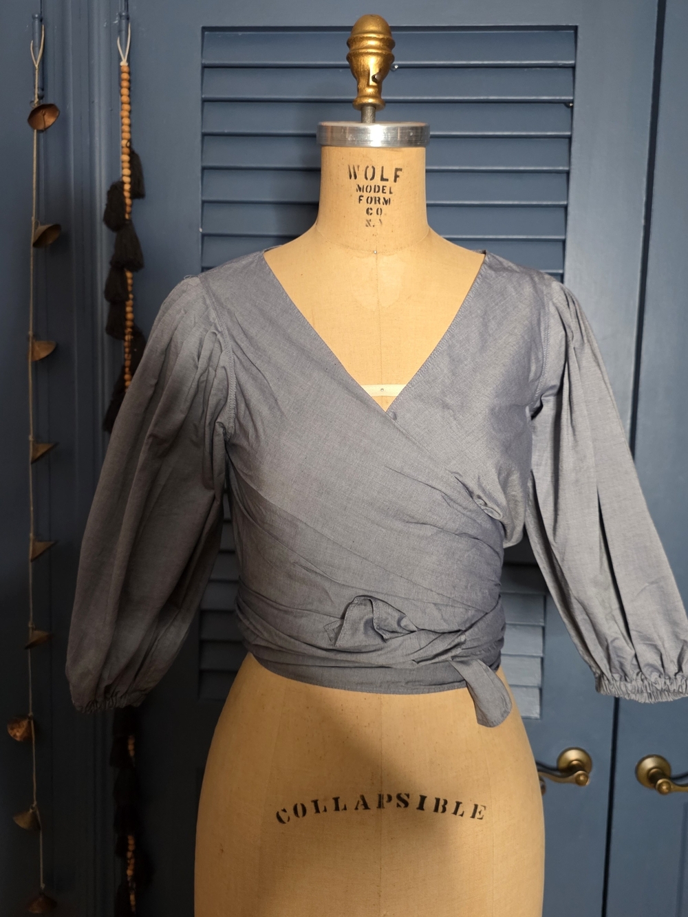 Elizabeth and James Slate Blue Wrap Blouse with Puff Sleeves